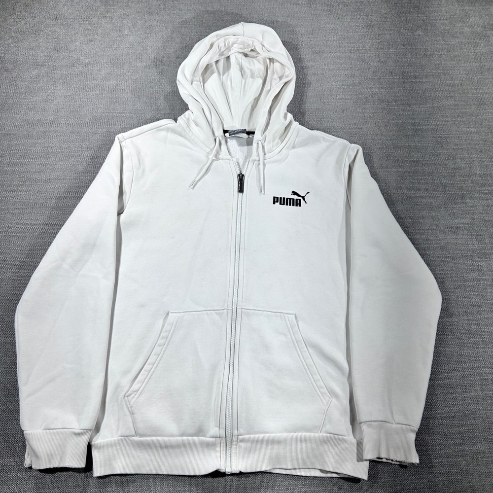 Puma Full Zip Hoodie Mens Small White Good Fleece Logo Sweatshirt 1429